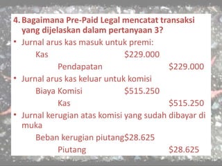 4.Bagaimana Pre-Paid Legal mencatat transaksi
yang dijelaskan dalam pertanyaan 3?
• Jurnal arus kas masuk untuk premi:
Kas $229.000
Pendapatan $229.000
• Jurnal arus kas keluar untuk komisi
Biaya Komisi $515.250
Kas $515.250
• Jurnal kerugian atas komisi yang sudah dibayar di
muka
Beban kerugian piutang$28.625
Piutang $28.625
 