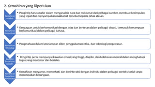Kemahiran
Analisis
? Pengintip harus mahir dalam menganalisis data dan maklumat dari pelbagai sumber, membuat kesimpulan
yang tepat dan menyampaikan maklumat tersebut kepada pihak atasan.
Kemahiran
Komunikasi
? Keupayaan untuk berkomunikasi dengan jelas dan berkesan dalam pelbagai situasi, termasuk kemampuan
berkomunikasi dalam pelbagai bahasa.
Kemahiran
Teknologi
? Pengetahuan dalam keselamatan siber, penggodaman etika, dan teknologi pengawasan.
Kawalan
Emosi dan
Disiplin
? Pengintip perlu mempunyai kawalan emosi yang tinggi, disiplin, dan ketahanan mental dalam menghadapi
tugas yang mencabar dan berisiko.
Kemahiran
Sosial dan
Penyiasatan
? Kemahiran menyamar, memerhati, dan berinteraksi dengan individu dalam pelbagai konteks sosial tanpa
menimbulkan kecurigaan.
2. Kemahiran yang Diperlukan
 