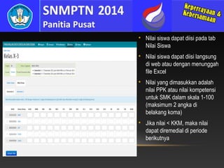 







Nilai siswa dapat diisi pada tab
Nilai Siswa
Nilai siswa dapat diisi langsung
di web atau dengan menunggah
file Excel
Nilai yang dimasukkan adalah
nilai PPK atau nilai kompetensi
untuk SMK dalam skala 1-100
(maksimum 2 angka di
belakang koma)
Jika nilai < KKM, maka nilai
dapat diremedial di periode
berikutnya

 