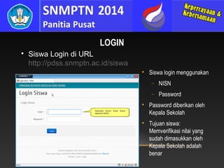 LOGIN


Siswa Login di URL
http://pdss.snmptn.ac.id/siswa


Siswa login menggunakan
−
−





NISN
Password

Password diberikan oleh
Kepala Sekolah
Tujuan siswa:
Memverifikasi nilai yang
sudah dimasukkan oleh
Kepala Sekolah adalah
benar

 