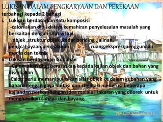 LUKISAN DALAM PENGKARYAAN DAN PEREKAAN 
terbahagi kepada 2 bahagi 
i. Lukisan berdasarkan satu komposisi 
-calon akan diuji dalam kemahiran penyelesaian masalah yang 
berkaitan dengan sifat visual 
objek ,struktur objek ,kadar banding ,jalinan, 
pengcahayaan,pengolahan ruang,ekspresi,penggunaan 
media dan teknik 
ii. Lukisan berdasarkan Gubahan 
-Calon akan diuji berasaskan kepada kajian objek dan bahan yang 
disediakan 
-Calon perlu memanipulasikan sifat objek ke dalam gubahan yang 
baharu dengan gaya imitasi dan stailitasi menerusi beberapa 
kajiandan perkembangan idea melalui lakaran yang dilorek untuk 
menghasilkan cahaya dan bayang. 
 