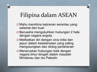 Filipina dalam ASEAN
O Mahu membina kejiranan serantau yang
selamat dan kuat
O Berusaha mengukuhkan hubungan 2 hala
dengan negara angota
O Melibatkan diri dengan cina india dan
jepun dalam keselamatan yang saling
mengutungkan dan diolog pertahanan
O Meneruskan hubungan baik dengan
negara timur tengah dalam masalah
Mindanau dan isu Palestin
 