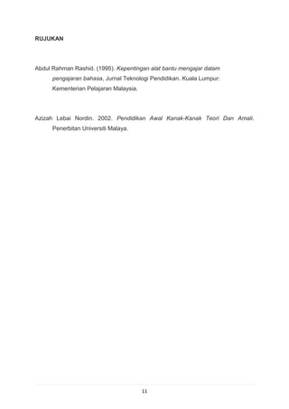 RUJUKAN




Abdul Rahman Rashid. (1995). Kepentingan alat bantu mengajar dalam
      pengajaran bahasa, Jurnal Teknologi Pendidikan. Kuala Lumpur:
      Kementerian Pelajaran Malaysia.




Azizah Lebai Nordin. 2002. Pendidikan Awal Kanak-Kanak Teori Dan Amali.
      Penerbitan Universiti Malaya.




                                        11
 