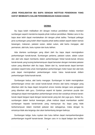 JENIS PENGLIBATAN IBU BAPA DENGAN INSTITUSI PENDIDIKAN YANG
DAPAT MEMBANTU DALAM PERKEMBANGAN KANAK-KANAK




                                      DERMA

   Ibu bapa boleh melibatkan diri dengan institusi pendidikan melalui memberi
sumbangan seperti menderma kepada pihak institusi pendidikan. Melalui cara ini ibu
bapa akan lebih dapat mendekatkan diri dengan pihak tadika. Terdapat pelbagai
jenis sumbangan yang boleh diberi kepada pihak tadika adalah seperti dalam bentuk
kewangan, makanan, pakaian sukan, alatan sukan, alat bantu mengajar, alat
permainan, alat tulis, buku rujukan dan buku latihan.

   Ada diantara sumbangan yang diberi oleh ibu bapa dapat meningkatkan
perkembangan kanak-kanak. Sumbangan pertama, pakaian sukan, alatan sukan
dan alat tulis dapat membantu dalam perkembangan fizikal kanak-kanak dimana
kanak-kanak yang kurang berkemampuan dapat bersukan dengan memakai pakaian
sukan yang diberikan oleh ibu bapa. Selain dari itu, kanak-kanak dapat bermain
peralatan seperti bola untuk meningkatkan perkembangan motor kasar dan alat tulis
pula dapat meningkatkan perkembangan motor halus kanak-kanak didlam
perkembangan fizikal kanak-kanak.

   Sumbangan kedua, alat bantu mengajar. Sumbangan ini boleh meningkatkan
perkembangan emosi dan sosial kanak-kanak dimana alat bantu mengajar yang
diberikan oleh ibu bapa dapat menyentuh emosi mereka dengan cara pengajaran
yang diberikan oleh guru. Contohnya seperti kit lipatan, permainan puzzle dan
sebagainya dapat meningkatkan perkembangan emosi dan sosialnya dimana kanak-
kanak dapat bergaul rapat dengan kanak-kanak yang lain dan juga guru. Selain itu,
sumbangan dalam bentuk kewangan, pihak institusi dapat memberikan sedikit
sumbangan     kepada    kanak-kanak    yang   mempunyai   ibu   bapa   yang   tidak
berkemampuan dalam membeli pakaian dan sebagainya, maka dengan itu
emosinya tidak aka tergangu dan akan berkembang dengan baiknya.

   Sumbangan ketiga, buku rujukan dan buku latihan dapat memperkembangkan
perkembangan kognitif kanak-kanak. Dengan cara ini ia dapat belajar dan berfikir




                                          4
 