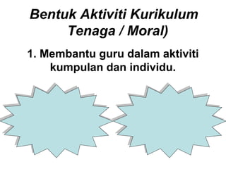 Bentuk Aktiviti Kurikulum
Tenaga / Moral)
1. Membantu guru dalam aktiviti
kumpulan dan individu.
 