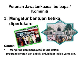 3. Mengatur bantuan ketika
diperlukan:
Contoh:
• Mengiring dan mengawasi murid dalam
program lawatan dan aktiviti-akiviti luar kelas yang lain.
Peranan Jawatankuasa ibu bapa /
Komuniti
 