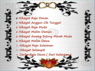 *
CONTOH KARYA CERITA
PENGLIPUR LARA
o Hikayat Raja Donan
o Hikayat Anggun Cik Tunggal
o Hikayat Raja Muda
o Hikayat Malim Deman
o Hikayat Awang Sulung Merah Muda
o Hikayat Malim Dewa
o Hikayat Raja Sulaiman
o Hikayat Selampit
o Cerita Raja Dewa ( Dari Kelantan )
 