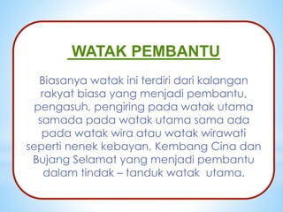 *
WATAK PEMBANTU
Biasanya watak ini terdiri dari kalangan
rakyat biasa yang menjadi pembantu,
pengasuh, pengiring pada watak utama
samada pada watak utama sama ada
pada watak wira atau watak wirawati
seperti nenek kebayan, Kembang Cina dan
Bujang Selamat yang menjadi pembantu
dalam tindak – tanduk watak utama.
 