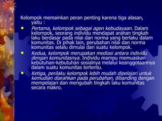 Kelompok memainkan peran penting karena tiga alasan, yaitu : Pertama, kelompok sebagai agen kebudayaan.  Dalam kelompok, seorang individu mendapat arahan tingkah laku berdasar pada nilai dan norma yang berlaku dalam komunitas. Di pihak lain, perubahan nilai dan norma komunitas selalu dimulai dari suatu kelompok. Kedua, kelompok merupakan mediasi antara individu dengan komunitasnya.  Individu mampu memuaskan kebutuhan-kebutuhan sosialnya melalui keanggotaannya dalam suatu komunitas tertentu. Ketiga, perilaku kelompok lebih mudah dipelajari untuk kemudian diarahkan pada perubahan,  dibanding dengan mempelajari dan mengubah tingkah laku komunitas secara makro.  