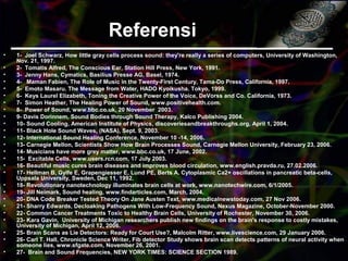 • 1- Joel Schwarz, How little gray cells process sound: they're really a series of computers, University of Washington,
Nov. 21, 1997.
• 2- Tomatis Alfred, The Conscious Ear, Station Hill Press, New York, 1991.
• 3- Jenny Hans, Cymatics, Basilius Presse AG, Basel, 1974.
• 4- Maman Fabien, The Role of Music in the Twenty-First Century, Tama-Do Press, California, 1997.
• 5- Emoto Masaru. The Message from Water, HADO Kyoikusha. Tokyo, 1999.
• 6- Keys Laurel Elizabeth, Toning the Creative Power of the Voice, DeVorss and Co. California, 1973.
• 7- Simon Heather, The Healing Power of Sound, www.positivehealth.com.
• 8- Power of Sound, www.bbc.co.uk, 20 November 2003.
• 9- Davis Dorinnem, Sound Bodies through Sound Therapy, Kalco Publishing 2004.
• 10- Sound Cooling, American Institute of Physics, discoveriesandbreakthroughs.org, April 1, 2004.
• 11- Black Hole Sound Waves, (NASA), Sept. 9, 2003.
• 12- International Sound Healing Conference, November 10 -14, 2006.
• 13- Carnegie Mellon, Scientists Show How Brain Processes Sound, Carnegie Mellon University, February 23, 2006.
• 14- Musicians have more grey matter, www.bbc.co.uk, 17 June, 2002.
• 15- Excitable Cells, www.users.rcn.com, 17 July 2003.
• 16- Beautiful music cures brain diseases and improves blood circulation, www.english.pravda.ru, 27.02.2006.
• 17- Hellman B, Gylfe E, Grapengiesser E, Lund PE, Berts A. Cytoplasmic Ca2+ oscillations in pancreatic beta-cells,
Uppsala University, Sweden, Dec 11, 1992.
• 18- Revolutionary nanotechnology illuminates brain cells at work, www.nanotechwire.com, 6/1/2005.
• 19- Jill Neimark, Sound healing, www.findarticles.com, March, 2004.
• 20- DNA Code Breaker Tested Theory On Jane Austen Text, www.medicalnewstoday.com, 27 Nov 2006.
• 21- Sharry Edwards, Decloaking Pathogens With Low-Frequency Sound, Nexus Magazine, October-November 2000.
• 22- Common Cancer Treatments Toxic to Healthy Brain Cells, University of Rochester, November 30, 2006.
• 23- Kara Gavin, University of Michigan researchers publish new findings on the brain's response to costly mistakes,
University of Michigan, April 12, 2006.
• 25- Brain Scans as Lie Detectors: Ready for Court Use?, Malcolm Ritter, www.livescience.com, 29 January 2006.
• 26- Carl T. Hall, Chronicle Science Writer, Fib detector Study shows brain scan detects patterns of neural activity when
someone lies, www.sfgate.com, November 26, 2001.
• 27- Brain and Sound Frequencies, NEW YORK TIMES: SCIENCE SECTION 1989.
ReferensiReferensi
 