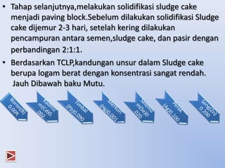 • Tahap selanjutnya,melakukan solidifikasi sludge cake
menjadi paving block.Sebelum dilakukan solidifikasi Sludge
cake dijemur 2-3 hari, setelah kering dilakukan
pencampuran antara semen,sludge cake, dan pasir dengan
perbandingan 2:1:1.
• Berdasarkan TCLP,kandungan unsur dalam Sludge cake
berupa logam berat dengan konsentrasi sangat rendah.
Jauh Dibawah baku Mutu.
.

 