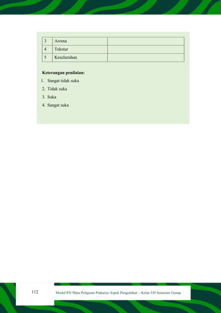 112 Modul PJJ Mata Pelajaran Prakarya Aspek Pengolahan – Kelas VII Semester Genap
3 Aroma
4 Tekstur
5 Keseluruhan
Keterangan penilaian:
1. Sangat tidak suka
2. Tidak suka
3. Suka
4. Sangat suka
 