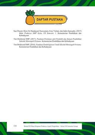 114 Modul PJJ Mata Pelajaran Prakarya Aspek Pengolahan – Kelas VII Semester Genap
DAFTAR PUSTAKA
Suci Paresti, Dewi Sri Handayani Nuswantari, Erny Yuliani, dan Indra Samsudin. (2017)
Buku Prakarya SMP Kelas VII Semester 1. Kementerian Pendidikan dan
Kebudayaan
Tim Direktorat SMP. (2017). Panduan Penilaian oleh Pendidik dan Satuan Pendidikan
Sekolah Menengah Pertama. Kementerian Pendidikan dan Kebudayaan
Tim Direktorat SMP. (2016). Panduan Pembelajaran Untuk Sekolah Menengah Pertama.
Kementerian Pendidikan dan Kebudayaan
 