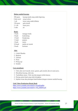 27
Modul PJJ Mata Pelajaran Prakarya Aspek Pengolahan – Kelas VII Semester Genap
Bahan sambal kacang:
200 gram kacang tanah yang sudah digoreng
Cabe rawit sesuai selera
1 sdt terasi yang sudah dibakar
150 gram gula merah
1½ sdt asam jawa
3 sdm air
Buah:
1 buah mangga muda
3 buah kedondong
2 buah bengkuang
¼ buah pepaya
1 buah nanas
10 buah jambu air merah
2 buah ketimun
Alat:
1. Cobek Munthu
2. Baskom
3. Talenan
4. Pisau
5. Piring saji
6. Sendok
Cara membuat:
1. Ulek cabe rawit merah, terasi, garam, gula merah, dan air asam jawa.
2. Masukkan kacang, ulek rata.
3. Tambahkan nanas. Ulek rata dan jangan terlalu hancur.
4. Potong aneka buah yang telah disiapkan
5. Sajikan irisan dan potongan buah-buahan dengan siraman sambal kacang.
Link Video Pembuatan Rujak Buah
https://www.youtube.com/watch?v=61qrd2zgfOo
https://www.youtube.com/watch?v=VG_FDe0Yxy4
 