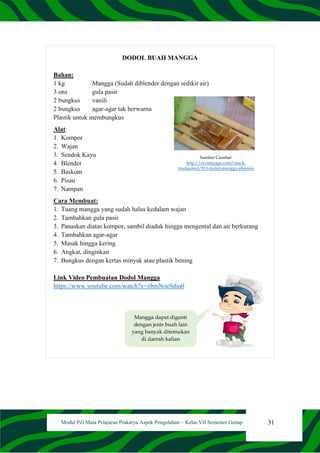 31
Modul PJJ Mata Pelajaran Prakarya Aspek Pengolahan – Kelas VII Semester Genap
DODOL BUAH MANGGA
Bahan:
1 kg Mangga (Sudah diblender dengan sedikit air)
3 ons gula pasir
2 bungkus vanili
2 bungkus agar-agar tak berwarna
Plastik untuk membungkus
Alat:
1. Kompor
2. Wajan
3. Sendok Kayu
4. Blender
5. Baskom
6. Pisau
7. Nampan
Cara Membuat:
1. Tuang mangga yang sudah halus kedalam wajan
2. Tambahkan gula pasir
3. Panaskan diatas kompor, sambil diaduk hingga mengental dan air berkurang
4. Tambahkan agar-agar
5. Masak hingga kering
6. Angkat, dinginkan
7. Bungkus dengan kertas minyak atau plastik bening
Link Video Pembuatan Dodol Mangga
https://www.youtube.com/watch?v=zbmNoeSdiu0
Sumber Gambar:
http://m.omiyago.com/snack-
tradisional/913-dodol-mangga-phoenix
Mangga dapat diganti
dengan jenis buah lain
yang banyak ditemukan
di daerah kalian
 