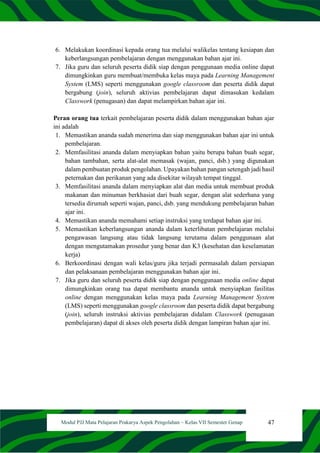 47
Modul PJJ Mata Pelajaran Prakarya Aspek Pengolahan – Kelas VII Semester Genap
6. Melakukan koordinasi kepada orang tua melalui walikelas tentang kesiapan dan
keberlangsungan pembelajaran dengan menggunakan bahan ajar ini.
7. Jika guru dan seluruh peserta didik siap dengan penggunaan media online dapat
dimungkinkan guru membuat/membuka kelas maya pada Learning Management
System (LMS) seperti menggunakan google classroom dan peserta didik dapat
bergabung (join), seluruh aktivias pembelajaran dapat dimasukan kedalam
Classwork (penugasan) dan dapat melampirkan bahan ajar ini.
Peran orang tua terkait pembelajaran peserta didik dalam menggunakan bahan ajar
ini adalah
1. Memastikan ananda sudah menerima dan siap menggunakan bahan ajar ini untuk
pembelajaran.
2. Memfasilitasi ananda dalam menyiapkan bahan yaitu berupa bahan buah segar,
bahan tambahan, serta alat-alat memasak (wajan, panci, dsb.) yang digunakan
dalam pembuatan produk pengolahan. Upayakan bahan pangan setengah jadi hasil
peternakan dan perikanan yang ada disekitar wilayah tempat tinggal.
3. Memfasilitasi ananda dalam menyiapkan alat dan media untuk membuat produk
makanan dan minuman berkhasiat dari buah segar, dengan alat sederhana yang
tersedia dirumah seperti wajan, panci, dsb. yang mendukung pembelajaran bahan
ajar ini.
4. Memastikan ananda memahami setiap instruksi yang terdapat bahan ajar ini.
5. Memastikan keberlangsungan ananda dalam keterlibatan pembelajaran melalui
pengawasan langsung atau tidak langsung terutama dalam penggunaan alat
dengan mengutamakan prosedur yang benar dan K3 (kesehatan dan keselamatan
kerja)
6. Berkoordinasi dengan wali kelas/guru jika terjadi permasalah dalam persiapan
dan pelaksanaan pembelajaran menggunakan bahan ajar ini.
7. Jika guru dan seluruh peserta didik siap dengan penggunaan media online dapat
dimungkinkan orang tua dapat membantu ananda untuk menyiapkan fasilitas
online dengan menggunakan kelas maya pada Learning Management System
(LMS) seperti menggunakan google classroom dan peserta didik dapat bergabung
(join), seluruh instruksi aktivias pembelajaran didalam Classwork (penugasan
pembelajaran) dapat di akses oleh peserta didik dengan lampiran bahan ajar ini.
 