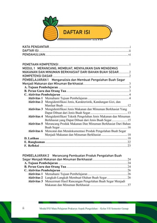 ii Modul PJJ Mata Pelajaran Prakarya Aspek Pengolahan – Kelas VII Semester Genap
DAFTAR ISI
KATA PENGANTAR......................................................................................................i
DAFTAR ISI..................................................................................................................ii
PENDAHULUAN.........................................................................................................vi
PEMETAAN KOMPETENSI.........................................................................................1
MODUL 1 MERANCANG, MEMBUAT, MENYAJIKAN DAN MENGEMAS
MAKANAN DAN MINUMAN BERKHASIAT DARI BAHAN BUAH SEGAR.............2
KOMPETENSI DASAR ................................................................................................2
PEMBELAJARAN 1 Menganalisis dan Membuat Pengolahan Buah Segar
Menjadi Makanan dan MInuman Berkhasiat..........................................................3
A. Tujuan Pembelajaran .........................................................................................3
B. Peran Guru dan Orang Tua...............................................................................3
C. Aktivitas Pembelajaran ......................................................................................4
Aktivitas 1 Memahami Tujuan Pembelajaran ....................................................4
Aktivitas 2 Mengidentifikasi Jenis, Karakteristik, Kandungan Gizi, dan
Manfaat Buah.................................................................................12
Aktivitas 3 Mengidentifikasi Jenis Makanan dan Minuman Berkhasiat Yang
Dapat Dibuat dari Jenis Buah Segar...............................................13
Aktivitas 4 Mengidentifikasi Teknik Pengolahan Jenis Makanan dan Minuman
Berkhasiat yang Dapat Dibuat dari Jenis Buah Segar....................15
Aktivitas 5 Merancang Produk Makanan Dan Minuman Berkhasiat Dari Bahan
Buah Segar .....................................................................................16
Aktivitas 6 Mencatat dan Mendokumentasi Produk Pengolahan Buah Segar
Menjadi Makanan dan Minuman Berkhasiat .................................18
D. Latihan ...............................................................................................................18
E. Rangkuman........................................................................................................22
F. Refleksi ...............................................................................................................23
PEMBELAJARAN 2 Merancang Pembuatan Produk Pengolahan Buah
Segar Menjadi Makanan dan Minuman Berkhasiat............................................24
A. Tujuan Pembelajaran .......................................................................................24
B. Peran Guru dan Orang Tua.............................................................................24
C. Aktivitas Pembelajaran ....................................................................................26
Aktivitas 1 Memahami Tujuan Pembelajaran ..................................................26
Aktivitas 2 Langkah-Langkah Membuat Olahan Buah Segar..........................26
Aktivitas 3 Mencermati Hasil Rancangan Pengolahan Buah Segar Menjadi
Makanan dan Minuman Berkhasiat ...............................................37
 
