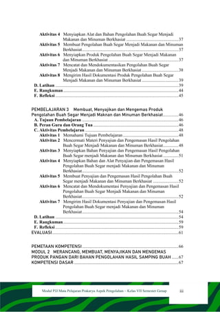 iii
Modul PJJ Mata Pelajaran Prakarya Aspek Pengolahan – Kelas VII Semester Genap
Aktivitas 4 Menyiapkan Alat dan Bahan Pengolahan Buah Segar Menjadi
Makanan dan Minuman Berkhasiat ...............................................37
Aktivitas 5 Membuat Pengolahan Buah Segar Menjadi Makanan dan Minuman
Berkhasiat.......................................................................................37
Aktivitas 6 Menyiapkan Produk Pengolahan Buah Segar Menjadi Makanan
dan Minuman Berkhasiat ...............................................................37
Aktivitas 7 Mencatat dan Mendokumentasikan Pengolahan Buah Segar
Menjadi Makanan dan Minuman Berkhasiat .................................38
Aktivitas 8 Mengirim Hasil Dokumentasi Produk Pengolahan Buah Segar
Menjadi Makanan dan Minuman Berkhasiat .................................39
D. Latihan ...............................................................................................................39
E. Rangkuman........................................................................................................44
F. Refleksi ...............................................................................................................45
PEMBELAJARAN 3 Membuat, Menyajikan dan Mengemas Produk
Pengolahan Buah Segar Menjadi Maknan dan Minuman Berkhasiat..............46
A. Tujuan Pembelajaran .......................................................................................46
B. Peran Guru dan Orang Tua.............................................................................46
C. Aktivitas Pembelajaran ....................................................................................48
Aktivitas 1 Memahami Tujuan Pembelajaran ..................................................48
Aktivitas 2 Mencermati Materi Penyajian dan Pengemasan Hasil Pengolahan
Buah Segar Menjadi Makanan dan Minuman Berkhasiat..............48
Aktivitas 3 Menyiapkan Bahan Penyajian dan Pengemasan Hasil Pengolahan
Buah Segar menjadi Makanan dan Minuman Berkhasiat ..............51
Aktivitas 4 Menyiapkan Bahan dan Alat Penyajian dan Pengemasan Hasil
Pengolahan Buah Segar menjadi Makanan dan Minuman
Berkhasiat.......................................................................................52
Aktivitas 5 Membuat Penyajian dan Pengemasan Hasil Pengolahan Buah
Segar menjadi Makanan dan Minuman Berkhasiat .......................52
Aktivitas 6 Mencatat dan Mendokumentasi Penyajian dan Pengemasan Hasil
Pengolahan Buah Segar Menjadi Makanan dan Minuman
Berkhasiat.......................................................................................52
Aktivitas 7 Mengirim Hasil Dokumentasi Penyajian dan Pengemasan Hasil
Pengolahan Buah Segar menjadi Makanan dan Minuman
Berkhasiat.......................................................................................54
D. Latihan ...............................................................................................................54
E. Rangkuman........................................................................................................59
F. Refleksi ...............................................................................................................59
EVALUASI..................................................................................................................61
PEMETAAN KOMPETENSI.......................................................................................66
MODUL 2 MERANCANG, MEMBUAT, MENYAJIKAN DAN MENGEMAS
PRODUK PANGAN DARI BAHAN PENGOLAHAN HASIL SAMPING BUAH ......67
KOMPETENSI DASAR ..............................................................................................67
 
