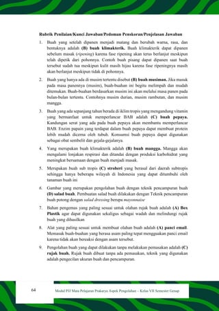 64 Modul PJJ Mata Pelajaran Prakarya Aspek Pengolahan – Kelas VII Semester Genap
Rubrik Penilaian/Kunci Jawaban/Pedoman Penskoran/Penjelasan Jawaban
1. Buah yang setelah dipanen menjadi matang dan berubah warna, rasa, dan
bentuknya adalah (B) buah klimakterik. Buah klimakterik dapat dipanen
sebelum masak (ripening) karena fase ripening akan terus berlanjut meskipun
telah dipetik dari pohonnya. Contoh buah pisang dapat dipanen saat buah
tersebut sudah tua meskipun kulit masih hijau karena fase ripeningnya masih
akan berlanjut meskipun tidak di pohonnya.
2. Buah yang hanya ada di musim tertentu disebut (B) buah musiman. Jika masuk
pada masa panennya (musim), buah-buahan ini begitu melimpah dan mudah
ditemukan. Buah-buahan berdasarkan musim ini akan melalui masa panen pada
bulan-bulan tertentu. Contohnya musim durian, musim rambutan, dan musim
mangga.
3. Buah yang ada sepanjang tahun berada di iklim tropis yang mengandung vitamin
yang bermanfaat untuk memperlancar BAB adalah (C) buah pepaya.
Kandungan serat yang ada pada buah pepaya akan membantu memperlancar
BAB. Enzim papain yang terdapat dalam buah pepaya dapat membuat protein
lebih mudah dicerna oleh tubuh. Konsumsi buah pepaya dapat digunakan
sebagai obat sembelit dan gejala-gejalanya.
4. Yang merupakan buah klimakterik adalah (B) buah mangga. Mangga akan
mengalami lonjakan respirasi dan ditandai dengan produksi karbohidrat yang
meningkat bersamaan dengan buah menjadi masak.
5. Merupakan buah sub tropis (C) stroberi yang berasal dari daerah subtropis
sehingga hanya beberapa wilayah di Indonesia yang dapat ditumbuhi oleh
tanaman buah ini
6. Gambar yang merupakan pengolahan buah dengan teknik pencampuran buah
(D) salad buah. Pembuatan salad buah dilakukan dengan Teknik pencampuran
buah potong dengan salad dressing berupa mayonnaise
7. Bahan pengemas yang paling sesuai untuk olahan rujak buah adalah (A) Box
Plastik agar dapat digunakan sekaligus sebagai wadah dan melindungi rujak
buah yang dihasilkan
8. Alat yang paling sesuai untuk membuat olahan buah adalah (A) panci email.
Memasak buah-buahan yang berasa asam paling tepat mengguakan panci email
karena tidak akan bereaksi dengan asam tersebut.
9. Pengolahan buah yang dapat dilakukan tanpa melakukan pemasakan adalah (C)
rujak buah. Rujak buah dibuat tanpa ada pemasakan, teknik yang digunakan
adalah pengecilan ukuran buah dan pencampuran.
 