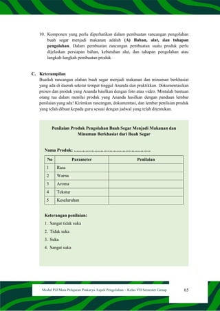 65
Modul PJJ Mata Pelajaran Prakarya Aspek Pengolahan – Kelas VII Semester Genap
10. Komponen yang perlu diperhatikan dalam pembuatan rancangan pengolahan
buah segar menjadi makanan adalah (A) Bahan, alat, dan tahapan
pengolahan. Dalam pembuatan rancangan pembuatan suatu produk perlu
dijelaskan persiapan bahan, kebutuhan alat, dan tahapan pengolahan atau
langkah-langkah pembuatan produk
C. Keterampilan
Buatlah rancangan olahan buah segar menjadi makanan dan minuman berkhasiat
yang ada di daerah sekitar tempat tinggal Ananda dan praktikkan. Dokumentasikan
proses dan produk yang Ananda hasilkan dengan foto atau video. Mintalah bantuan
orang tua dalam menilai produk yang Ananda hasilkan dengan panduan lembar
penilaian yang ada! Kirimkan rancangan, dokumentasi, dan lembar penilaian produk
yang telah dibuat kepada guru sesuai dengan jadwal yang telah ditentukan.
Penilaian Produk Pengolahan Buah Segar Menjadi Makanan dan
Minuman Berkhasiat dari Buah Segar
Nama Produk: …………………………………………….
No Parameter Penilaian
1 Rasa
2 Warna
3 Aroma
4 Tekstur
5 Keseluruhan
Keterangan penilaian:
1. Sangat tidak suka
2. Tidak suka
3. Suka
4. Sangat suka
 
