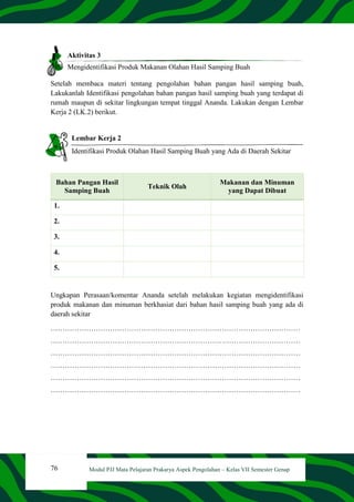 76 Modul PJJ Mata Pelajaran Prakarya Aspek Pengolahan – Kelas VII Semester Genap
Aktivitas 3
Mengidentifikasi Produk Makanan Olahan Hasil Samping Buah
Setelah membaca materi tentang pengolahan bahan pangan hasil samping buah,
Lakukanlah Identifikasi pengolahan bahan pangan hasil samping buah yang terdapat di
rumah maupun di sekitar lingkungan tempat tinggal Ananda. Lakukan dengan Lembar
Kerja 2 (LK.2) berikut.
Lembar Kerja 2
Identifikasi Produk Olahan Hasil Samping Buah yang Ada di Daerah Sekitar
Bahan Pangan Hasil
Samping Buah
Teknik Olah
Makanan dan Minuman
yang Dapat Dibuat
1.
2.
3.
4.
5.
Ungkapan Perasaan/komentar Ananda setelah melakukan kegiatan mengidentifikasi
produk makanan dan minuman berkhasiat dari bahan hasil samping buah yang ada di
daerah sekitar
……………………………………………………………………………………………
……………………………………………………………………………………………
……………………………………………………………………………………………
……………………………………………………………………………………………
……………………………………………………………………………………………
……………………………………………………………………………………………
 