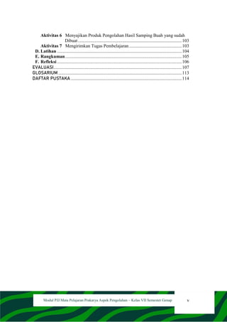 v
Modul PJJ Mata Pelajaran Prakarya Aspek Pengolahan – Kelas VII Semester Genap
Aktivitas 6 Menyajikan Produk Pengolahan Hasil Samping Buah yang sudah
Dibuat...........................................................................................103
Aktivitas 7 Mengirimkan Tugas Pembelajaran ..............................................103
D. Latihan .............................................................................................................104
E. Rangkuman......................................................................................................105
F. Refleksi .............................................................................................................106
EVALUASI................................................................................................................107
GLOSARIUM ............................................................................................................113
DAFTAR PUSTAKA .................................................................................................114
 