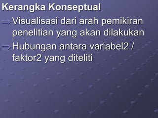 Kerangka Konseptual
Visualisasi dari arah pemikiran
penelitian yang akan dilakukan
Hubungan antara variabel2 /
faktor2 yang diteliti
 