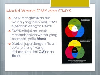 Model Warna CMY dan CMYK
 Untuk menghasilkan nilai
warna yang lebih baik, CMY
diperbaiki dengan CMYK
 CMYK ditujukan untuk
menambahkan warna yang
keempat, yaitu black.
 Disebut juga dengan “four-
color printing” yang
didapatkan dari CMY dan
Black
7
 