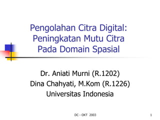 Pengolahan Citra Digital:
 Peningkatan Mutu Citra
  Pada Domain Spasial

   Dr. Aniati Murni (R.1202)
Dina Chahyati, M.Kom (R.1226)
     Universitas Indonesia

            DC - OKT 2003       1
 