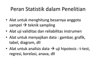 Peran Statistik dalam Penelitian
• Alat untuk menghitung besarnya anggota
sampel  teknik sampling
• Alat uji validitas dan reliabilitas instrumen
• Alat untuk menyajikan data : gambar, grafik,
tabel, diagram, dll
• Alat untuk analisis data  uji hipotesis : t-test,
regresi, korelasi, anava, dll
 