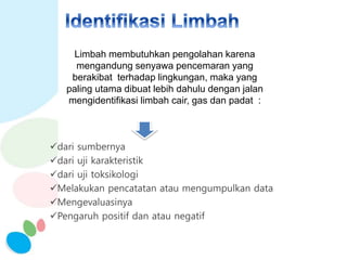 Limbah membutuhkan pengolahan karena
mengandung senyawa pencemaran yang
berakibat terhadap lingkungan, maka yang
paling utama dibuat lebih dahulu dengan jalan
mengidentifikasi limbah cair, gas dan padat :
dari sumbernya
dari uji karakteristik
dari uji toksikologi
Melakukan pencatatan atau mengumpulkan data
Mengevaluasinya
Pengaruh positif dan atau negatif
 