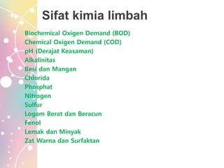Sifat kimia limbah
Biochemical Oxigen Demand (BOD)
Chemical Oxigen Demand (COD)
pH (Derajat Keasaman)
Alkalinitas
Besi dan Mangan
Chlorida
Phosphat
Nitrogen
Sulfur
Logam Berat dan Beracun
Fenol
Lemak dan Minyak
Zat Warna dan Surfaktan
 