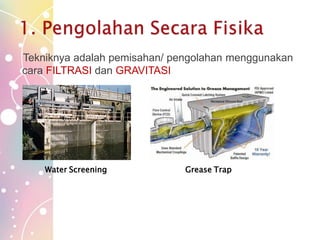 Tekniknya adalah pemisahan/ pengolahan menggunakan
cara FILTRASI dan GRAVITASI
Water Screening Grease Trap
 