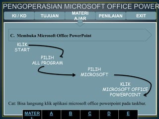 KI / KD TUJUAN
MATERI
AJAR
KLIK
START
PILIH
ALL PROGRAM
PILIH
MICROSOFT
KLIK
MICROSOFT OFFICE
POWERPOINT
C. Membuka Microsoft Office PowerPoint
Cat: Bisa langsung klik aplikasi microsoft office powerpoint pada taskbar.
PENILAIAN EXIT
MATER A B C D E
 
