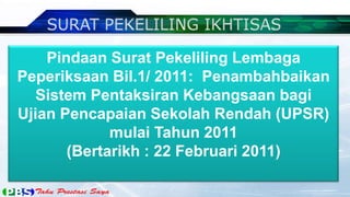 Pindaan Surat Pekeliling Lembaga
Peperiksaan Bil.1/ 2011: Penambahbaikan
  Sistem Pentaksiran Kebangsaan bagi
Ujian Pencapaian Sekolah Rendah (UPSR)
             mulai Tahun 2011
       (Bertarikh : 22 Februari 2011)
 