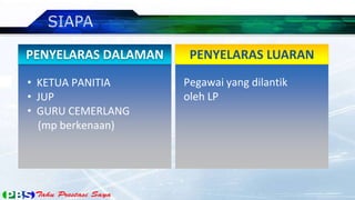 PENYELARAS DALAMAN PENYELARAS LUARAN
Pegawai yang dilantik
oleh LP
• KETUA PANITIA
• JUP
• GURU CEMERLANG
(mp berkenaan)
 