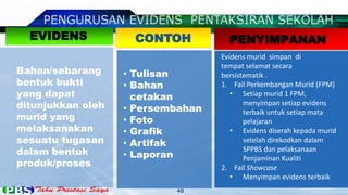 40
Bahan/sebarang
bentuk bukti
yang dapat
ditunjukkan oleh
murid yang
melaksanakan
sesuatu tugasan
dalam bentuk
produk/proses
EVIDENS CONTOH
• Tulisan
• Bahan
cetakan
• Persembahan
• Foto
• Grafik
• Artifak
• Laporan
PENYIMPANAN
Evidens murid simpan di
tempat selamat secara
bersistematik .
1. Fail Perkembangan Murid (FPM)
• Setiap murid 1 FPM,
menyimpan setiap evidens
terbaik untuk setiap mata
pelajaran
• Evidens diserah kepada murid
setelah direkodkan dalam
SPPBS dan pelaksanaan
Penjaminan Kualiti
2. Fail Showcase
• Menyimpan evidens terbaik
 