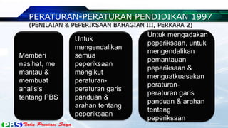 Memberi
nasihat, me
mantau &
membuat
analisis
tentang PBS
Untuk
mengendalikan
semua
peperiksaan
mengikut
peraturan-
peraturan garis
panduan &
arahan tentang
peperiksaan
Untuk mengadakan
peperiksaan, untuk
mengendalikan
pemantauan
peperiksaan &
menguatkuasakan
peraturan-
peraturan garis
panduan & arahan
tentang
peperiksaan
PERATURAN-PERATURAN PENDIDIKAN 1997
(PENILAIAN & PEPERIKSAAN BAHAGIAN III, PERKARA 2)
 