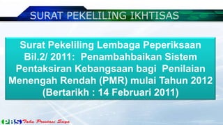Surat Pekeliling Lembaga Peperiksaan
Bil.2/ 2011: Penambahbaikan Sistem
Pentaksiran Kebangsaan bagi Penilaian
Menengah Rendah (PMR) mulai Tahun 2012
(Bertarikh : 14 Februari 2011)
 