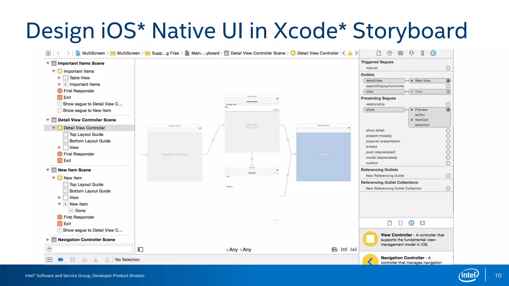 Intel® Software and Service Group, Developer Product Division
Design iOS* Native UI in Xcode* Storyboard
10
 