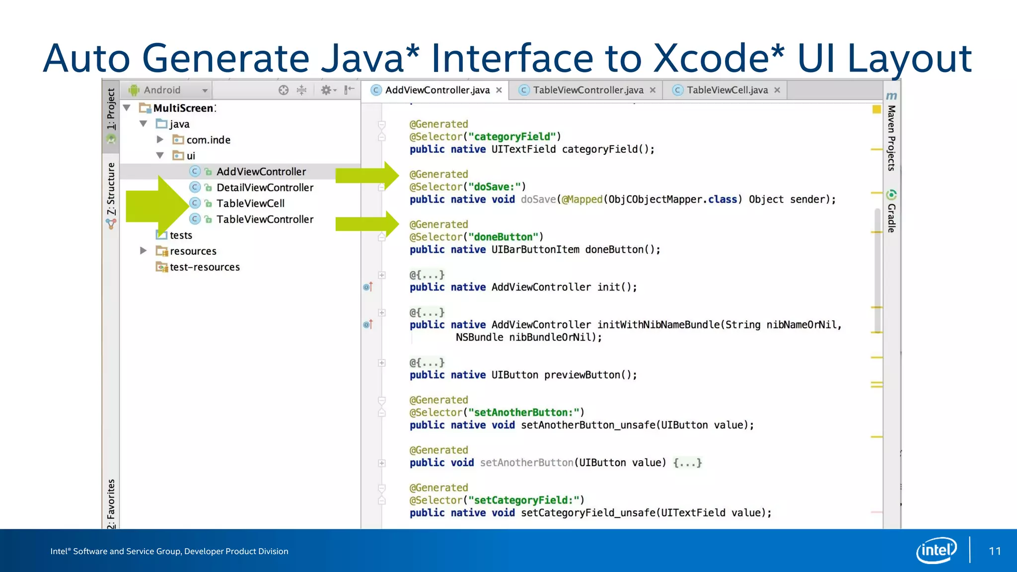 Intel® Software and Service Group, Developer Product Division
Auto Generate Java* Interface to Xcode* UI Layout
11
 
