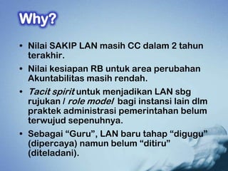 • Nilai SAKIP LAN masih CC dalam 2 tahun
  terakhir.
• Nilai kesiapan RB untuk area perubahan
  Akuntabilitas masih rendah.
• Tacit spirit untuk menjadikan LAN sbg
  rujukan / role model bagi instansi lain dlm
  praktek administrasi pemerintahan belum
  terwujud sepenuhnya.
• Sebagai “Guru”, LAN baru tahap “digugu”
  (dipercaya) namun belum “ditiru”
  (diteladani).
 