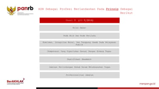 Nilai dasar
Pasal 3 (UU 5/2014)
Kode Etik Dan Kode Perilaku
Komitmen, Integritas Moral, Dan Tanggung Jawab Pada Pelayanan
Publik
Kompetensi Yang Diperlukan Sesuai Dengan Bidang Tugas
Kualifikasi Akademik
Jaminan Perlindungan Hukum Dalam Melaksanakan Tugas
Profesionalitas Jabatan
ASN Sebagai Profesi Berlandaskan Pada Prinsip Sebagai
Berikut
 