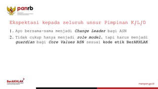 1. Ayo bersama-sama menjadi Change Leader bagi ASN
2. Tidak cukup hanya menjadi role model, tapi harus menjadi
guardian bagi Core Values ASN sesuai kode etik BerAKHLAK
Ekspektasi kepada seluruh unsur Pimpinan K/L/D
 