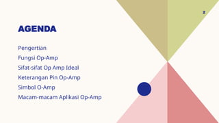 AGENDA
Pengertian
Fungsi Op-Amp
Sifat-sifat Op Amp Ideal
Keterangan Pin Op-Amp
Simbol O-Amp
Macam-macam Aplikasi Op-Amp
2
 