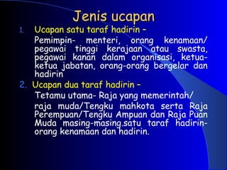 Jenis ucapan
Jenis ucapan
1. Ucapan satu taraf hadirin –
Pemimpin- menteri, orang kenamaan/
pegawai tinggi kerajaan atau swasta,
pegawai kanan dalam organisasi, ketua-
ketua jabatan, orang-orang bergelar dan
hadirin
2. Ucapan dua taraf hadirin –
Tetamu utama- Raja yang memerintah/
raja muda/Tengku mahkota serta Raja
Perempuan/Tengku Ampuan dan Raja Puan
Muda masing-masing.satu taraf hadirin-
orang kenamaan dan hadirin.
 