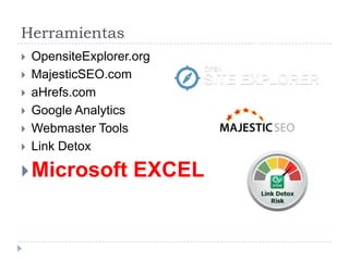 Herramientas








OpensiteExplorer.org
MajesticSEO.com
aHrefs.com
Google Analytics
Webmaster Tools
Link Detox

 Microsoft

EXCEL

 