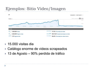Ejemplos: Sitio Video/Imagen





15.000 visitas dia
Catálogo enorme de videos scrapeados
13 de Agosto – 90% perdida de tráfico

 