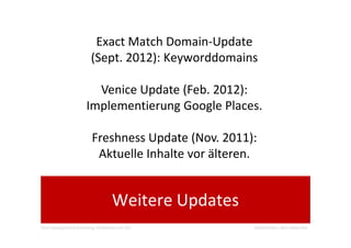fvw Praxistag Online Marketing: Sichtbarkeit mit SEO Roland Delion, Aktiv-Reise.Netz
Weitere Updates
Exact Match Domain-Update
(Sept. 2012): Keyworddomains
Venice Update (Feb. 2012):
Implementierung Google Places.
Freshness Update (Nov. 2011):
Aktuelle Inhalte vor älteren.
 