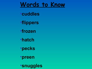 Words to Know 
•cuddles 
•flippers 
•frozen 
•hatch 
•pecks 
•preen 
•snuggles 
 
